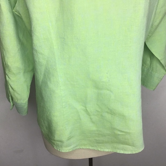 LL Bean 100% linen sherbet green 3/4 sleeve button up pointed collar shirt Med - Picture 8 of 10
